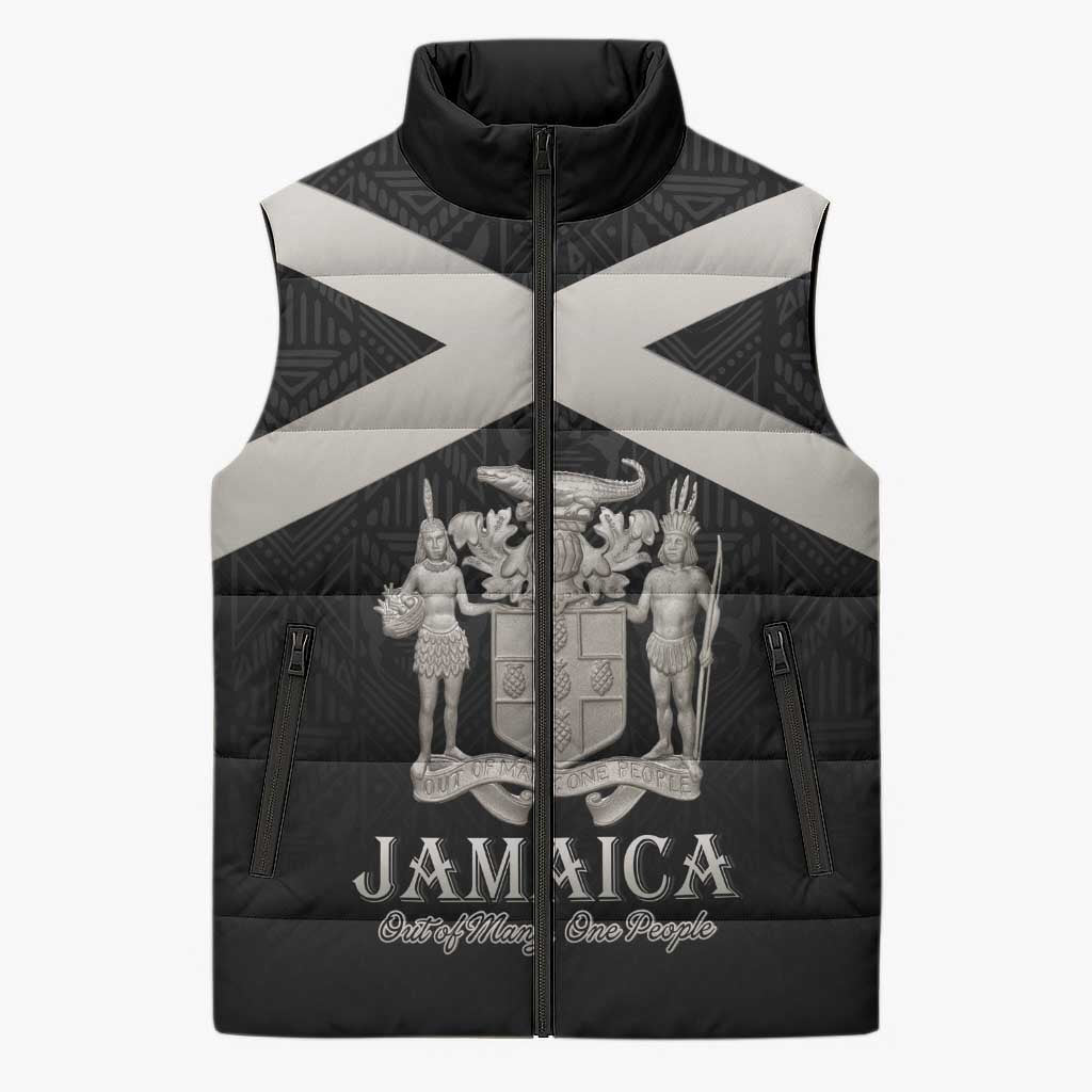 Personalized Jamaica Sleeveless Puffer Jacket Coat Of Arms With Rastafarian Lion Silver Color
