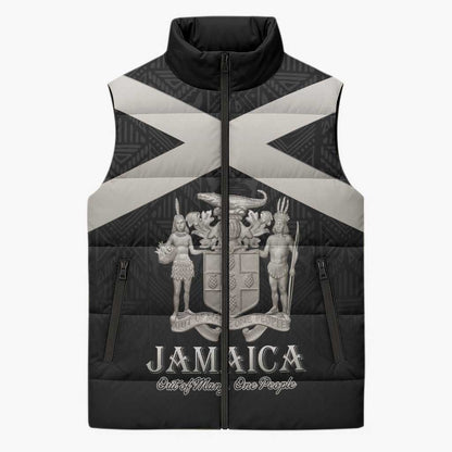 Personalized Jamaica Sleeveless Puffer Jacket Coat Of Arms With Rastafarian Lion Silver Color