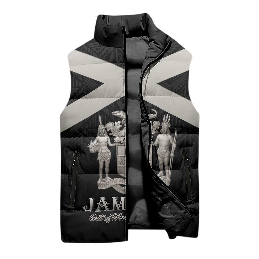 Personalized Jamaica Sleeveless Puffer Jacket Coat Of Arms With Rastafarian Lion Silver Color