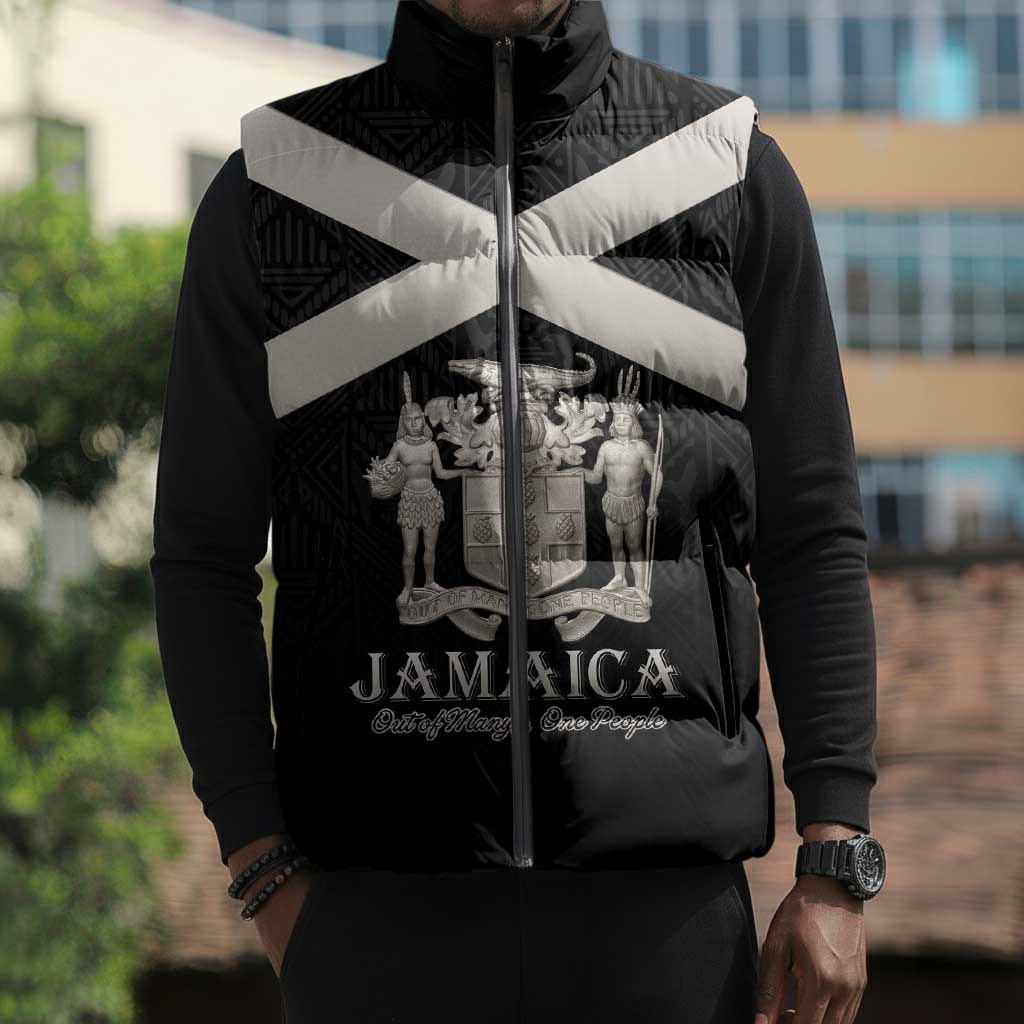 Personalized Jamaica Sleeveless Puffer Jacket Coat Of Arms With Rastafarian Lion Silver Color