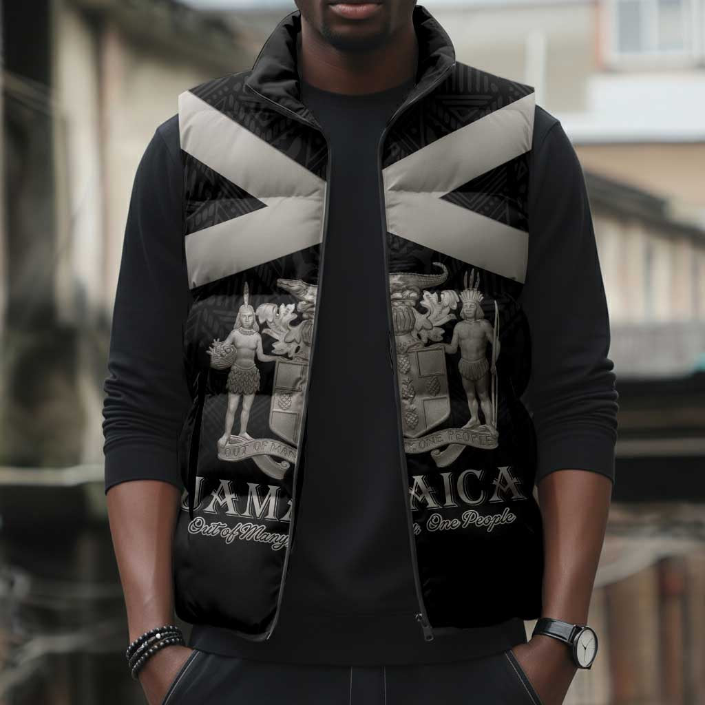 Personalized Jamaica Sleeveless Puffer Jacket Coat Of Arms With Rastafarian Lion Silver Color