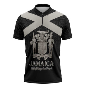 Personalized Jamaica Zipper Polo Shirt Coat Of Arms With Rastafarian Lion Silver Color