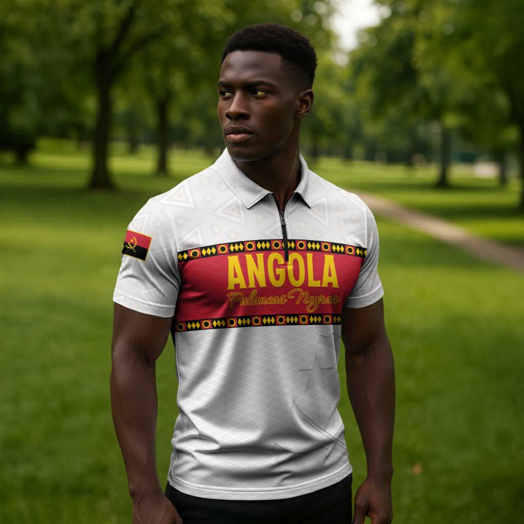 Custom Angola Football Zipper Polo Shirt Avante Palancas Negras - White