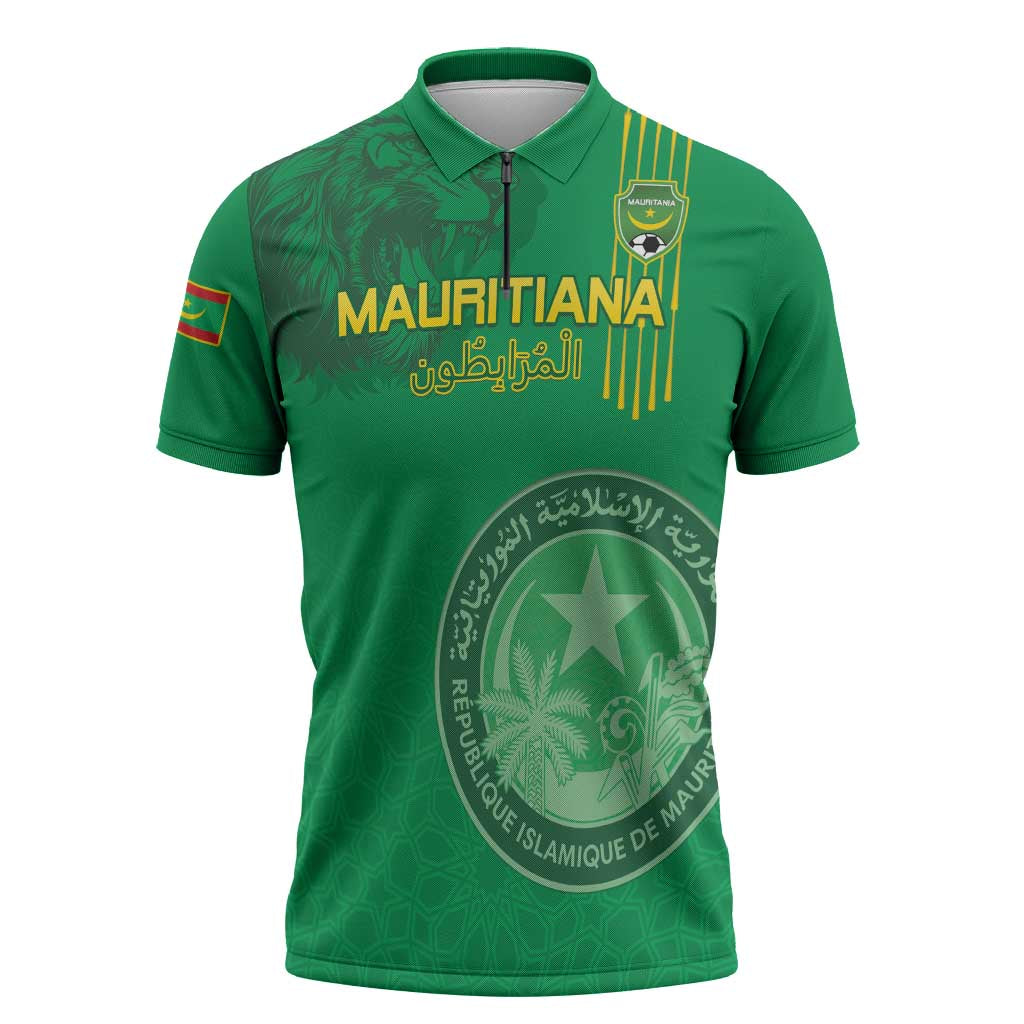 Custom Mauritania Football Zipper Polo Shirt Coat Of Arms With Islamic Pattern