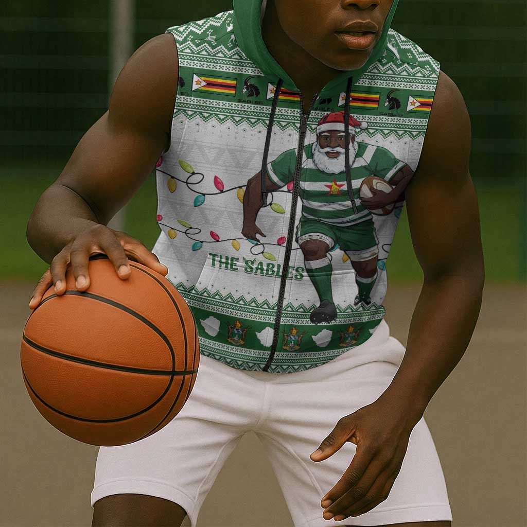 Afro Christmas Rugby Zimbabwe Sleeveless Zip Hoodie The Sables Krismes Yakanaka - African Pride