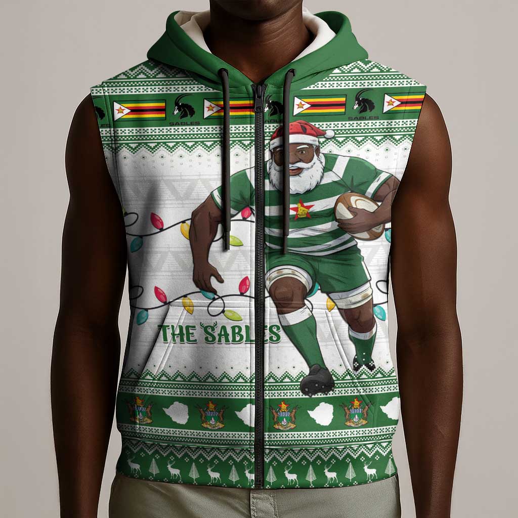 Afro Christmas Rugby Zimbabwe Sleeveless Zip Hoodie The Sables Krismes Yakanaka - African Pride
