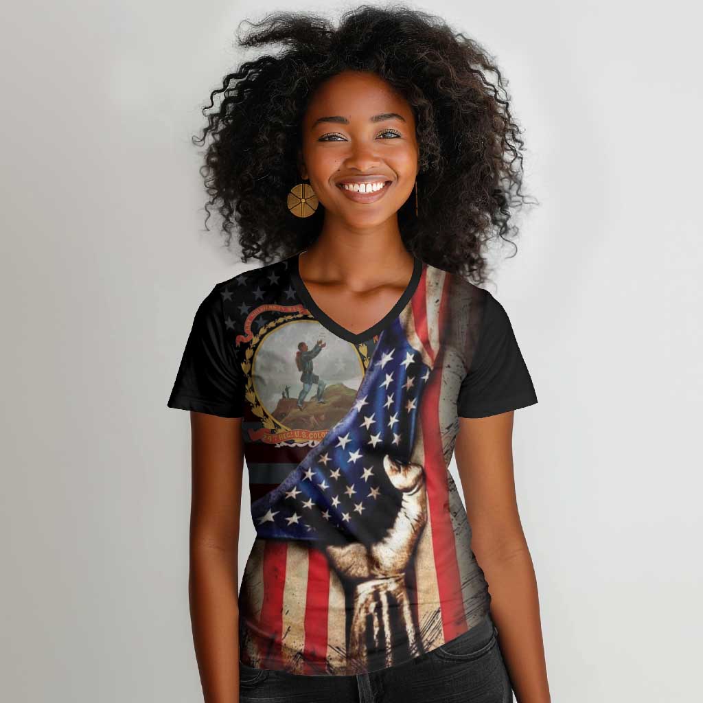 24th Regiment USCT Women V-Neck T-Shirt Flag of Freedom - African Pride