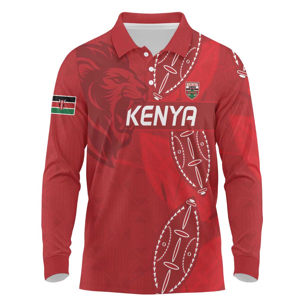 Jamhuri ya Kenya Rugby Custom Long Sleeve Polo Shirt Kenyan Shield Style - Red Color