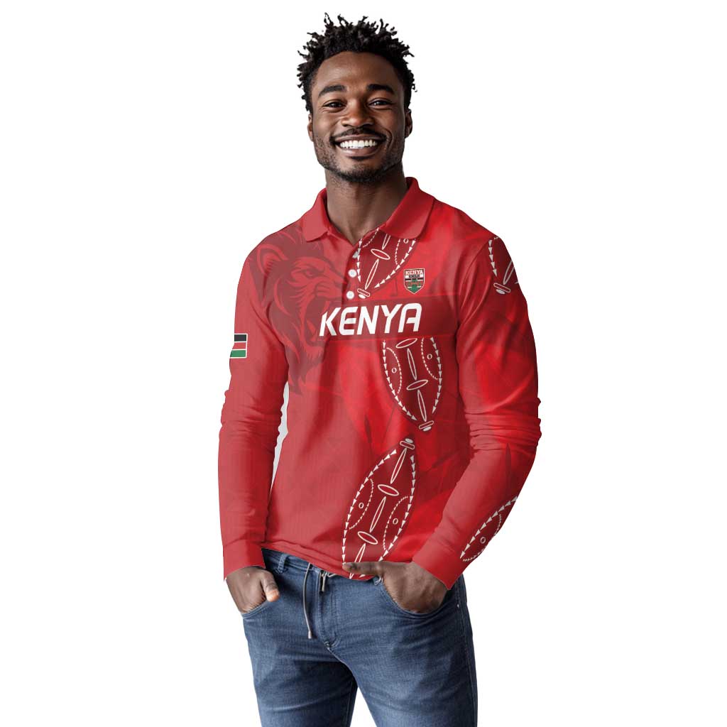 Jamhuri ya Kenya Rugby Custom Long Sleeve Polo Shirt Kenyan Shield Style - Red Color