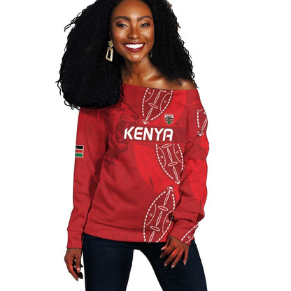Jamhuri ya Kenya Rugby Custom Off Shoulder Sweater Kenyan Shield Style - Red Color