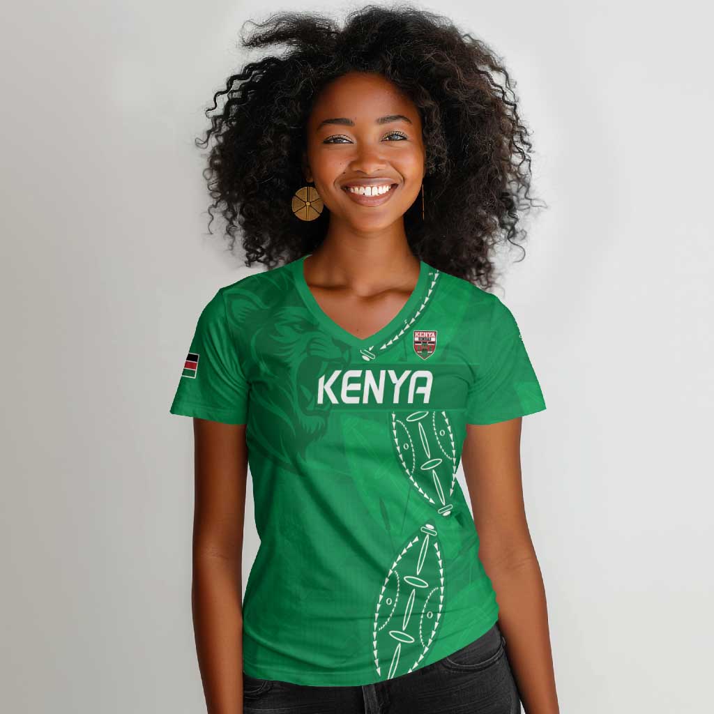 Jamhuri ya Kenya Rugby Custom Women V-Neck T-Shirt Kenyan Shield Style - Green Color