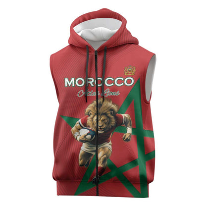 Morocco Rugby Custom Sleeveless Zip Hoodie Come On Atlas Lions - African Pride