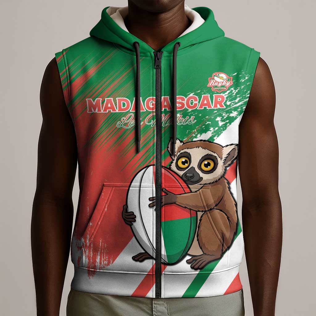 Madagascar Rugby Custom Sleeveless Zip Hoodie Allez Les Makis - African Pride
