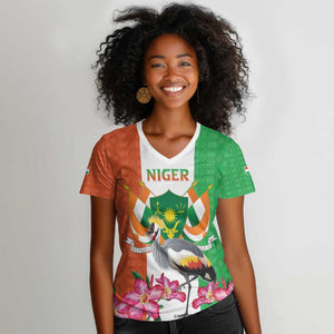 Afro Niger Sannu Women V-Neck T-Shirt Coat Of Arms - African Pattern