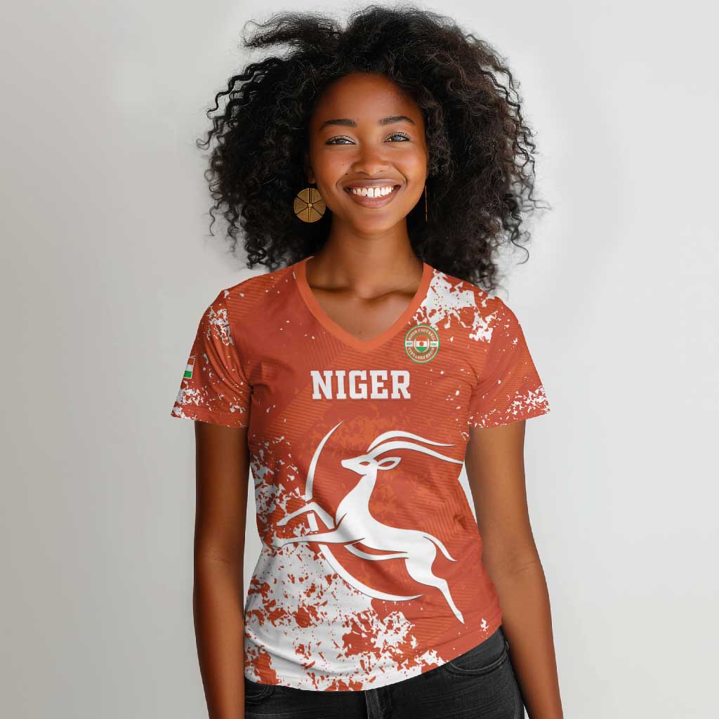 Custom Afro Niger Football Women V-Neck T-Shirt We Are Champions