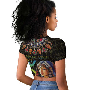 Assegwas Ameggaz Yennayer Raglan Cropped T shirt Women Amazigh - Berber Pattern