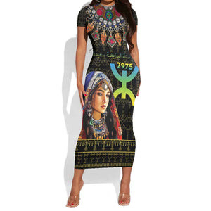 Assegwas Ameggaz Yennayer Short Sleeve Bodycon Dress Women Amazigh - Berber Pattern