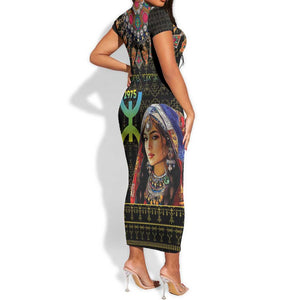 Assegwas Ameggaz Yennayer Short Sleeve Bodycon Dress Women Amazigh - Berber Pattern