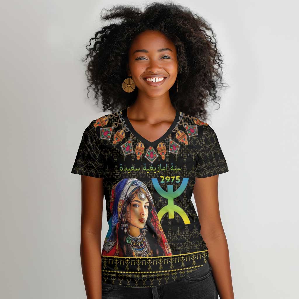 Assegwas Ameggaz Yennayer Women V-Neck T-Shirt Women Amazigh - Berber Pattern