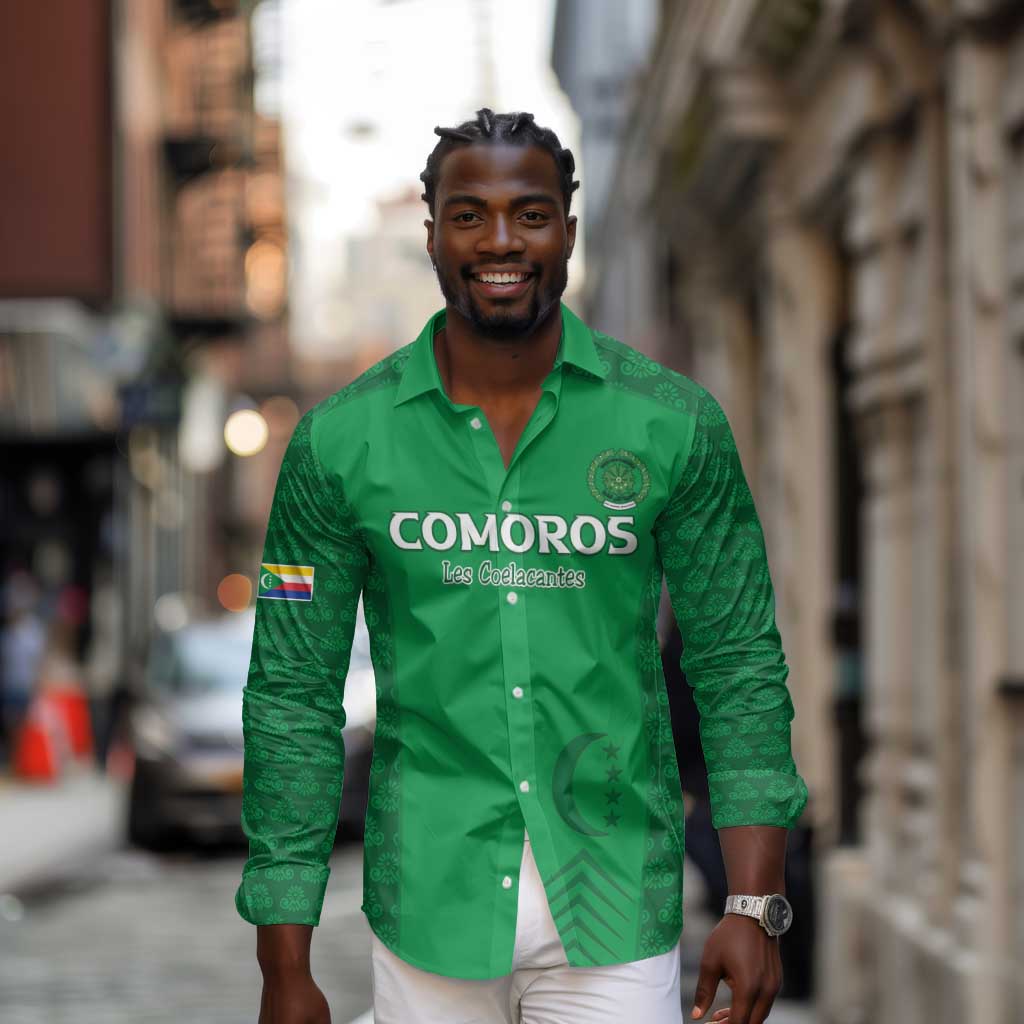 Custom Comoros Football Long Sleeve Button Shirt Go Champions Green Les Coelacantes - African Pride