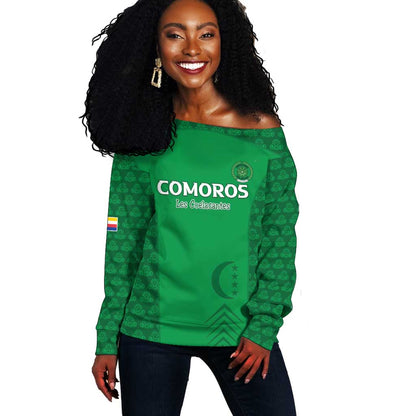 Custom Comoros Football Off Shoulder Sweater Go Champions Green Les Coelacantes - African Pride