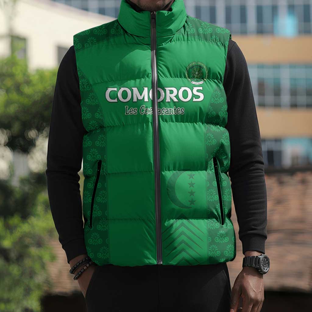 Custom Comoros Football Sleeveless Puffer Jacket Go Champions Green Les Coelacantes - African Pride