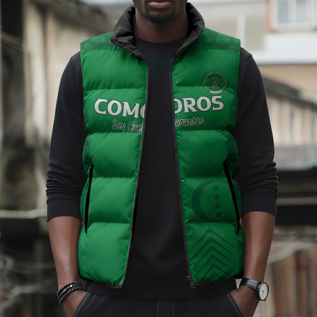 Custom Comoros Football Sleeveless Puffer Jacket Go Champions Green Les Coelacantes - African Pride