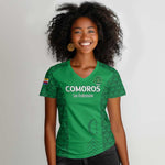 Custom Comoros Football Women V-Neck T-Shirt Go Champions Green Les Coelacantes LT15