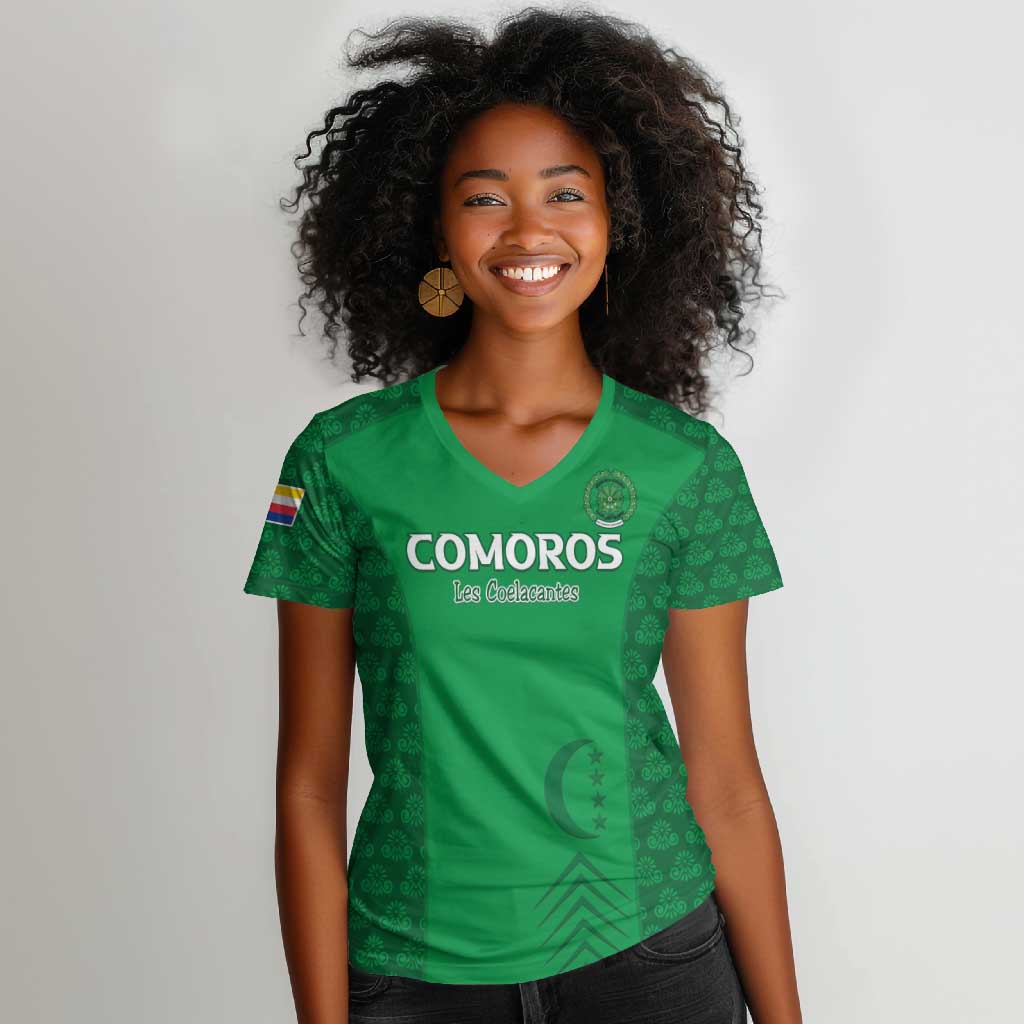 Custom Comoros Football Women V-Neck T-Shirt Go Champions Green Les Coelacantes LT15