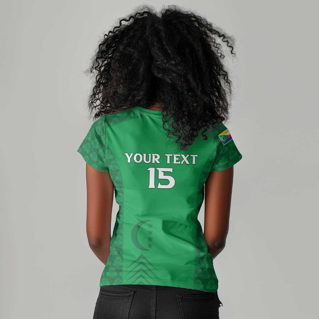 Custom Comoros Football Women V-Neck T-Shirt Go Champions Green Les Coelacantes LT15