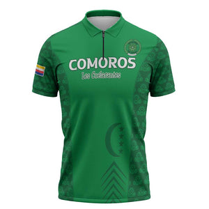 Custom Comoros Football Zipper Polo Shirt Go Champions Green Les Coelacantes - African Pride