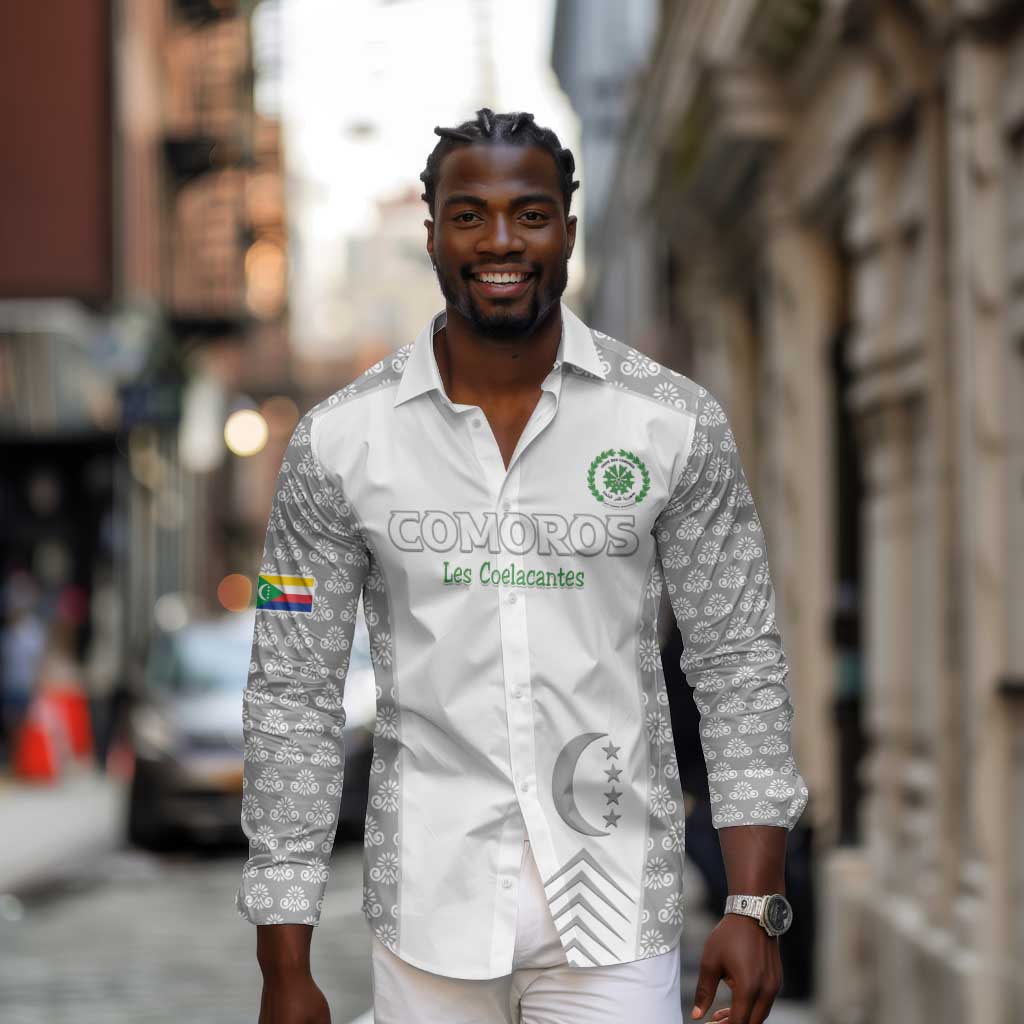 Custom Comoros Football Long Sleeve Button Shirt Go Champions White Les Coelacantes - African Pride