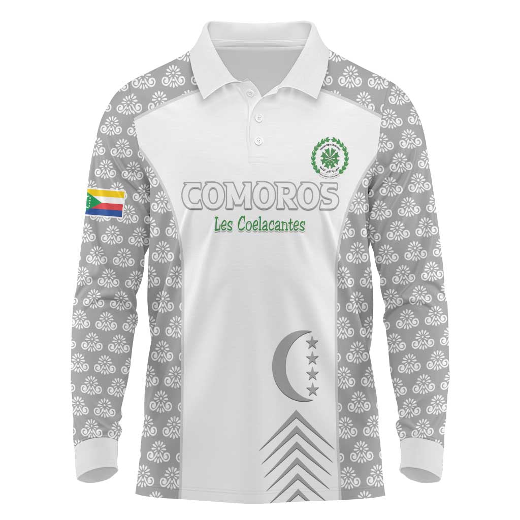 Custom Comoros Football Long Sleeve Polo Shirt Go Champions White Les Coelacantes - African Pride