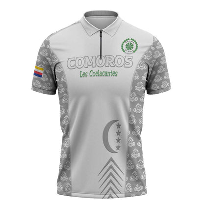 Custom Comoros Football Zipper Polo Shirt Go Champions White Les Coelacantes - African Pride