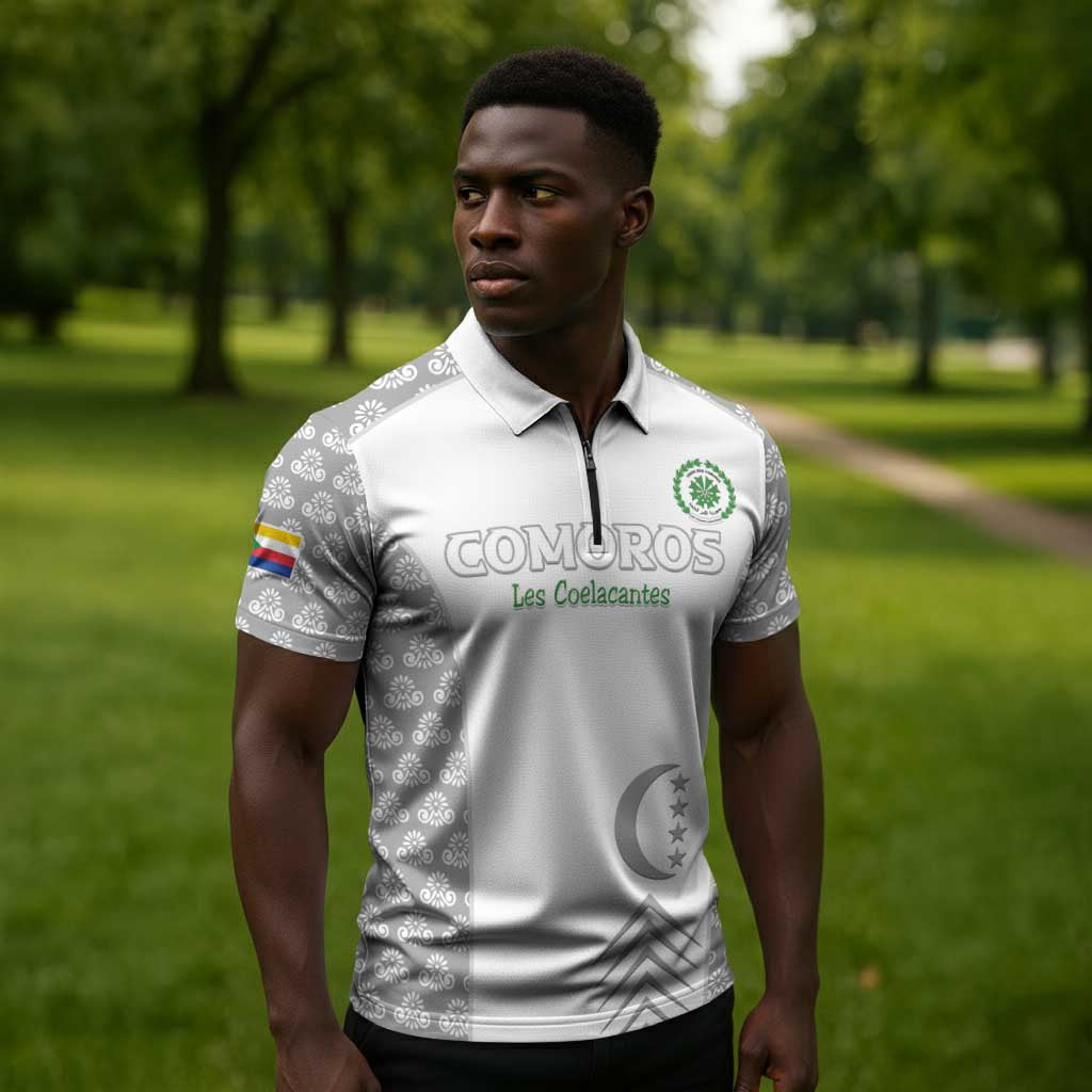 Custom Comoros Football Zipper Polo Shirt Go Champions White Les Coelacantes - African Pride