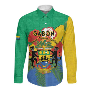 Personalised Afro Gabon Long Sleeve Button Shirt Gabonese Union Travail and Justice