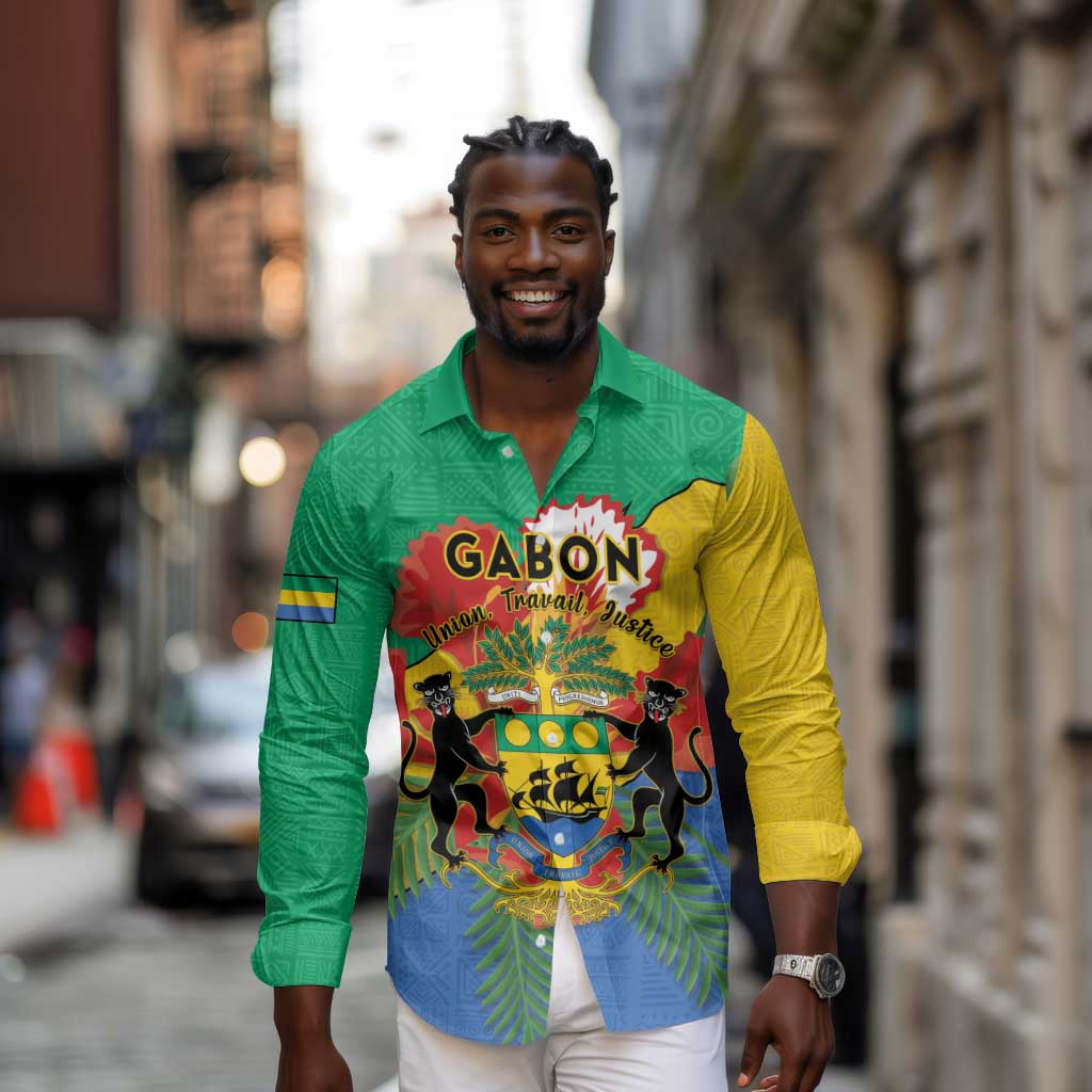Personalised Afro Gabon Long Sleeve Button Shirt Gabonese Union Travail and Justice
