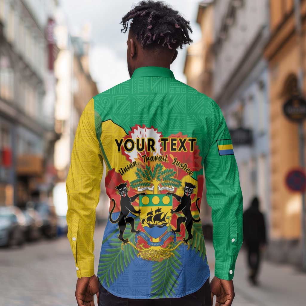 Personalised Afro Gabon Long Sleeve Button Shirt Gabonese Union Travail and Justice