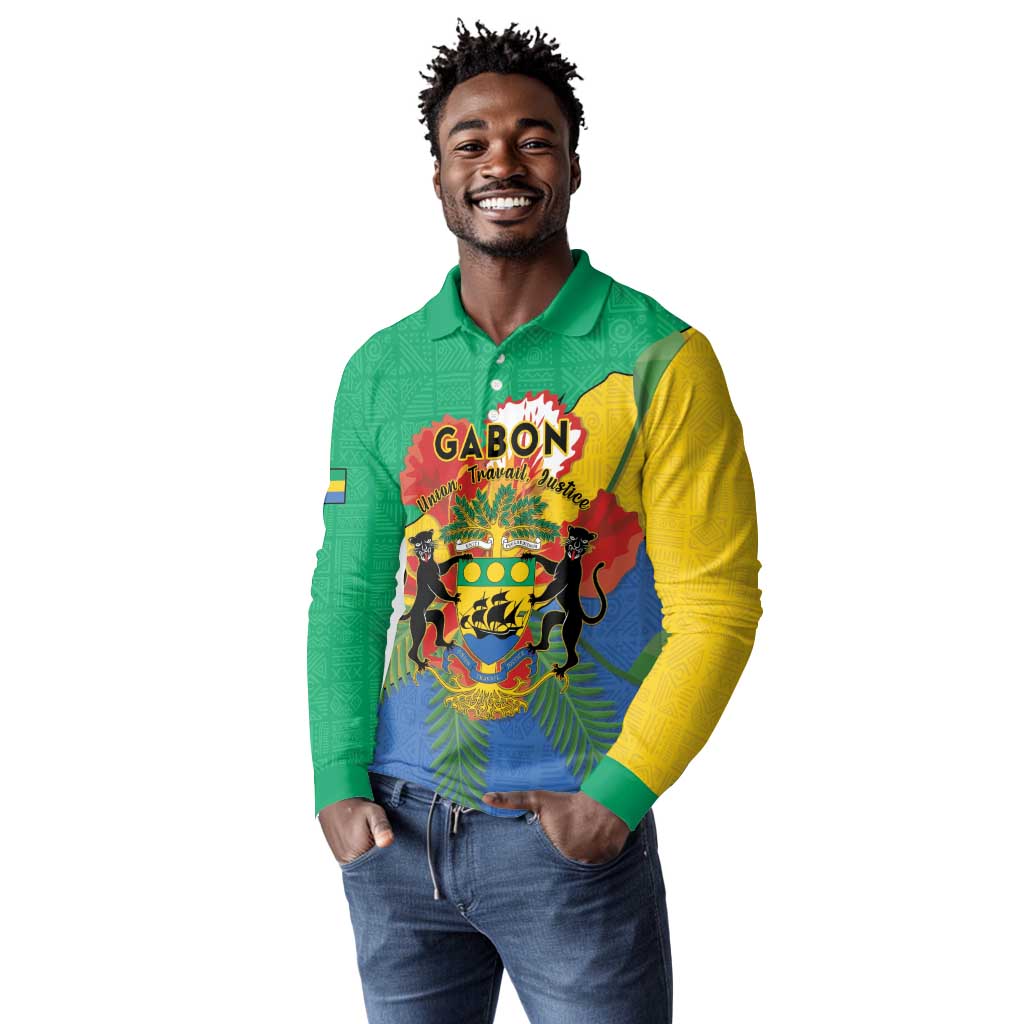Personalised Afro Gabon Long Sleeve Polo Shirt Gabonese Union Travail and Justice