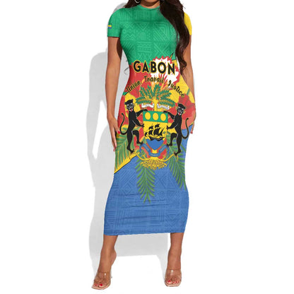 Personalised Afro Gabon Short Sleeve Bodycon Dress Gabonese Union Travail and Justice LT15