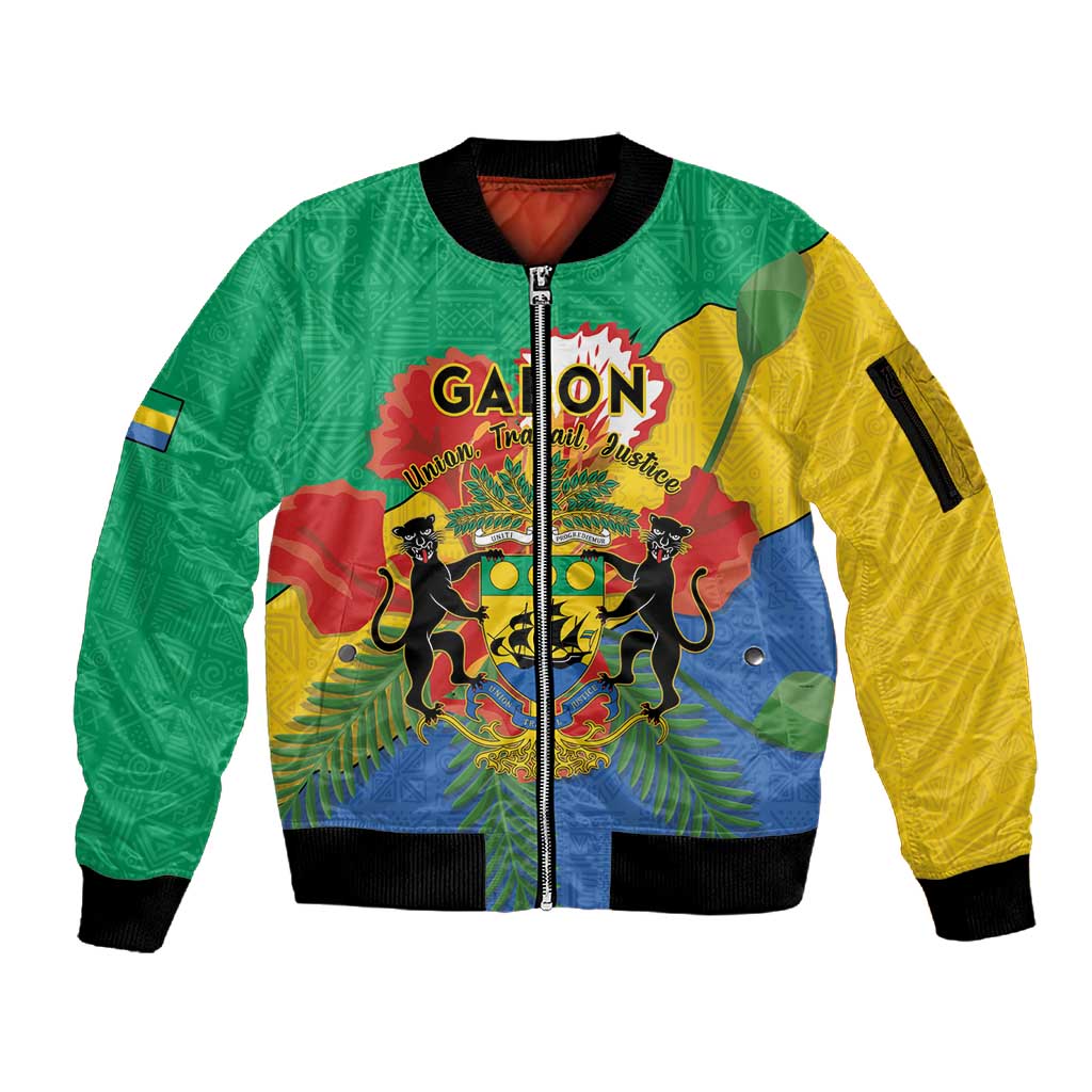 Personalised Afro Gabon Sleeve Zip Bomber Jacket Gabonese Union Travail and Justice