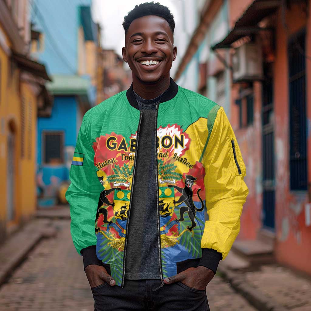 Personalised Afro Gabon Sleeve Zip Bomber Jacket Gabonese Union Travail and Justice