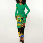 Afro Gabon Long Sleeve Bodycon Dress Black Panther With Coat Of Arms LT15