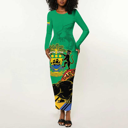 Afro Gabon Long Sleeve Bodycon Dress Black Panther With Coat Of Arms LT15