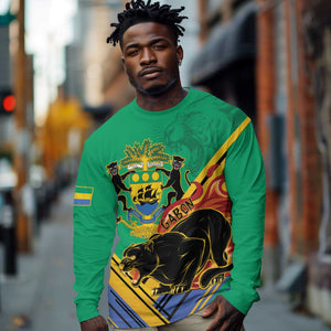 Afro Gabon Long Sleeve Shirt Black Panther With Coat Of Arms