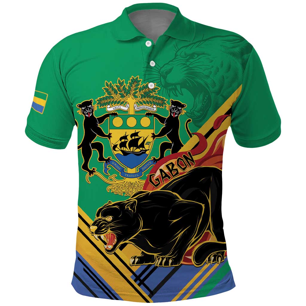 Afro Gabon Polo Shirt Black Panther With Coat Of Arms