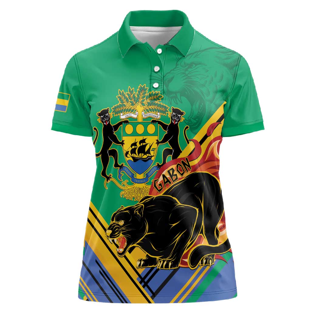 Afro Gabon Women Polo Shirt Black Panther With Coat Of Arms