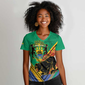 Afro Gabon Women V-Neck T-Shirt Black Panther With Coat Of Arms