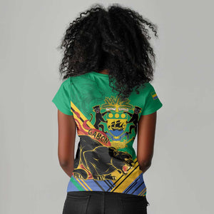 Afro Gabon Women V-Neck T-Shirt Black Panther With Coat Of Arms