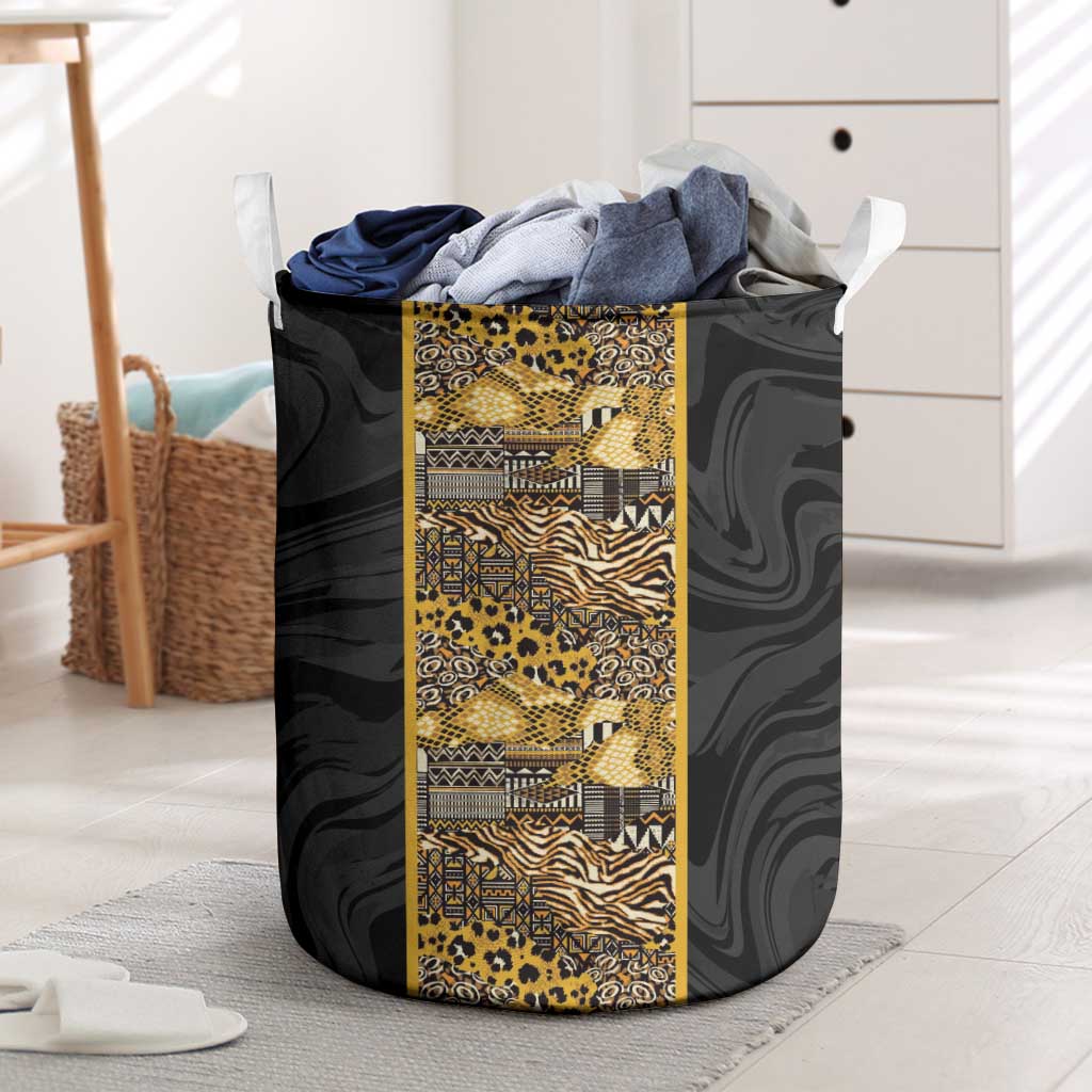 African Tribal Heritage Laundry Basket Black Gold Pattern